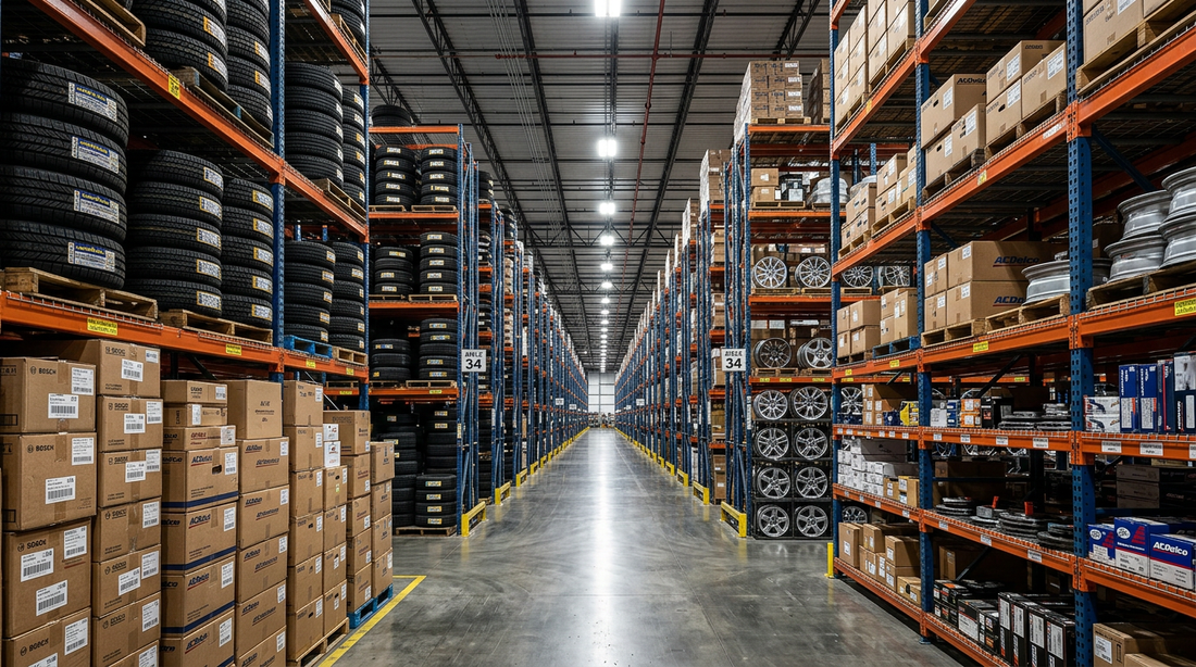 Aisle of an auto parts distribution warehouse racked with tires, alloy wheels and boxed parts