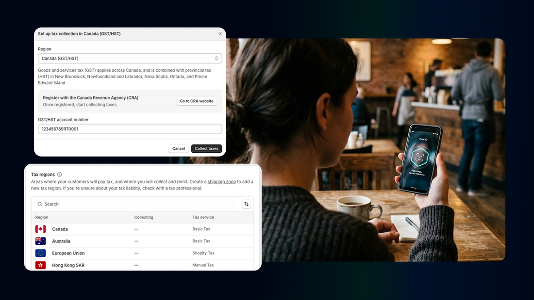 Shopify tax collection and tax region settings overlaid on a customer holding a phone at a Face ID verification prompt