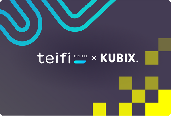 Teifi Digital and Kubix logo lockup on a dark purple card with the Teifi wave and Kubix checker pattern