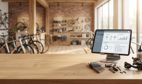 Bike workshop bench with tools and a rear derailleur beside a tablet showing a service dashboard