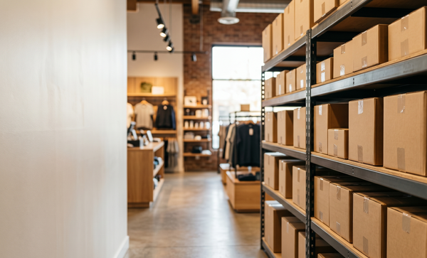 Retail stockroom shelving stacked with cardboard boxes, opening onto an apparel shop floor beyond