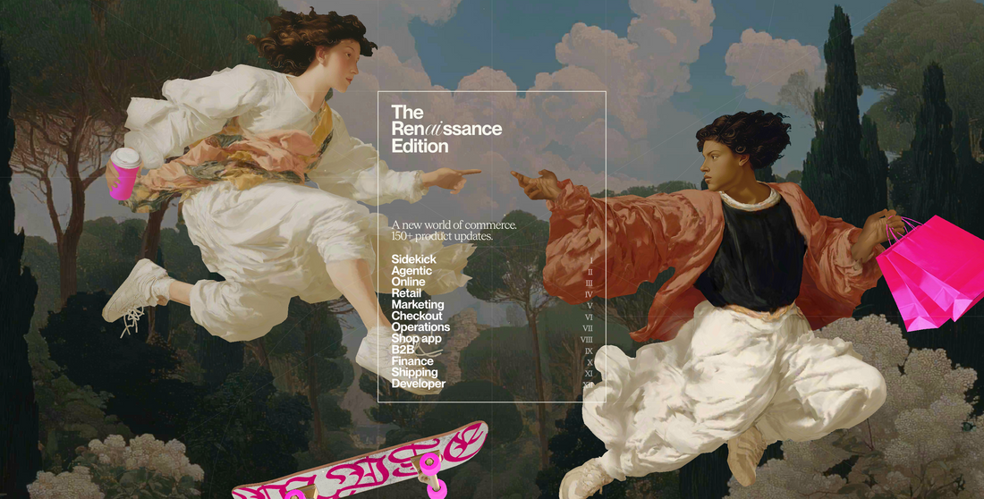 Shopify's Winter '26 Renaissance Edition artwork listing the release categories and 150+ product updates