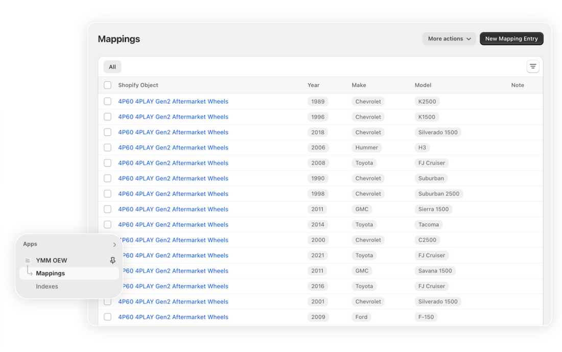 YMM fitment mappings table in Shopify admin, listing one wheel product against year, make and model rows