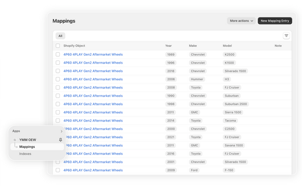 YMM fitment mappings table in Shopify admin, listing one wheel product against year, make and model rows