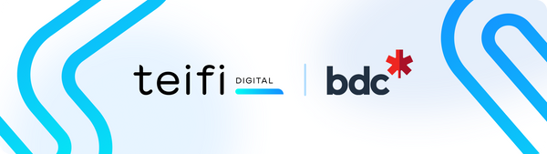 Teifi Digital and BDC logo lockup between cyan Teifi wave ribbons on white