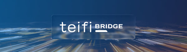 Teifi Bridge wordmark over long-exposure light trails in deep blue