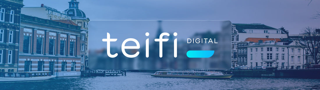 Teifi Digital wordmark over an Amsterdam canal in blue duotone