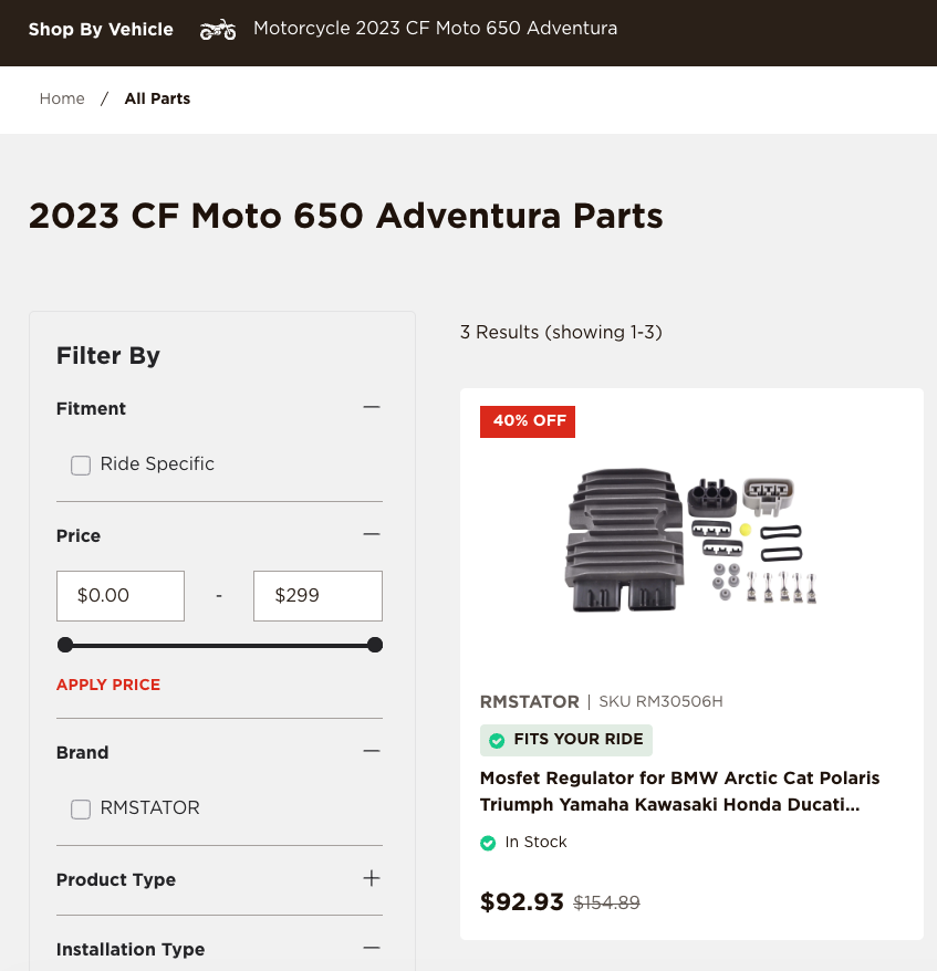Parts storefront filtered to a 2023 CF Moto 650, showing a Fits Your Ride badge on a matched regulator