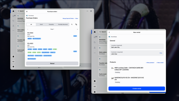 WorkMate rentals and purchase orders running inside Shopify POS at a bike shop counter