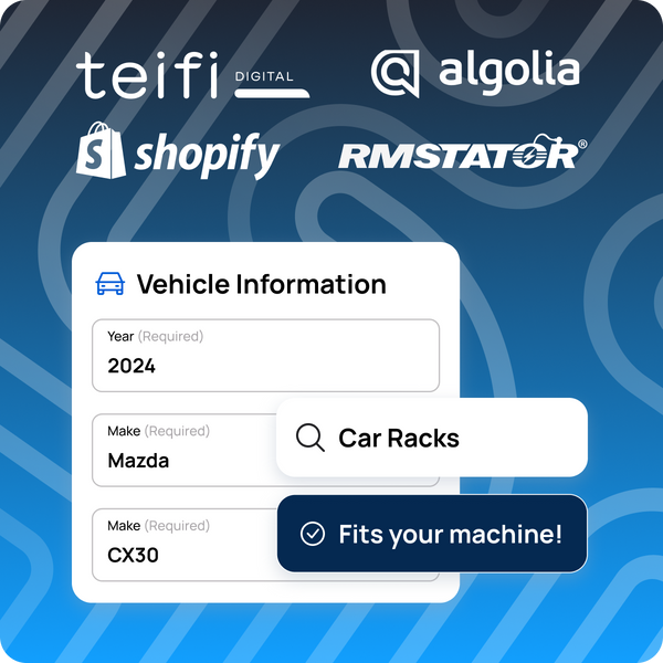 Webinar banner with Teifi Digital, Algolia, Shopify and RMSTATOR logos over a vehicle fitment form