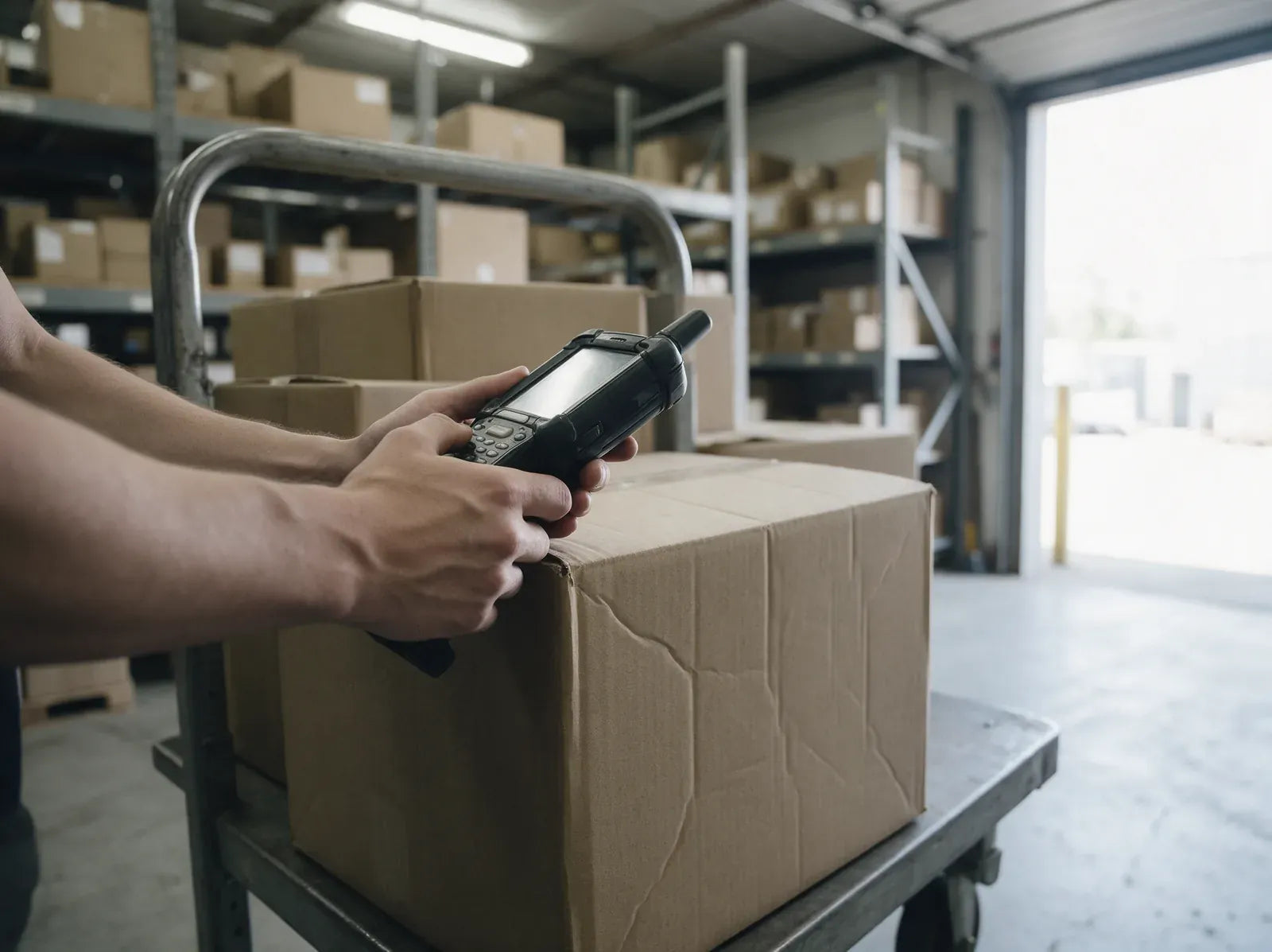 A store associate scans a carton with a handheld scanner at the stockroom back door