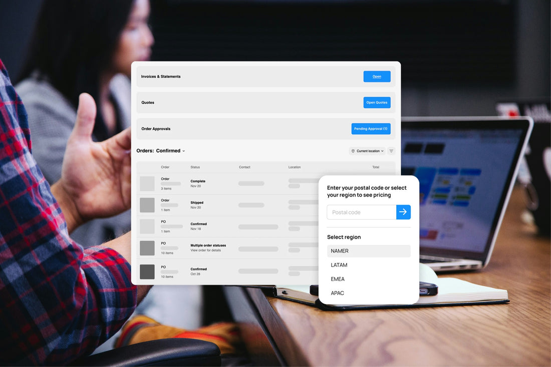 Shopify POS overlay for B2B unified commerce showing regional pricing selection by postal code, invoices and statements, quotes, and order approvals