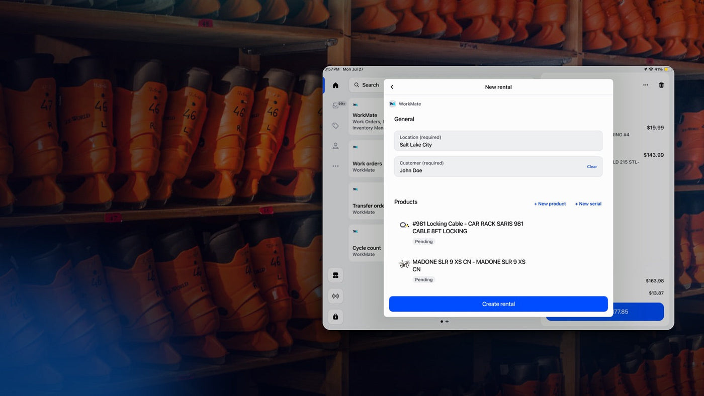 Rental check-out running in Shopify POS against a wall of rental ski boots