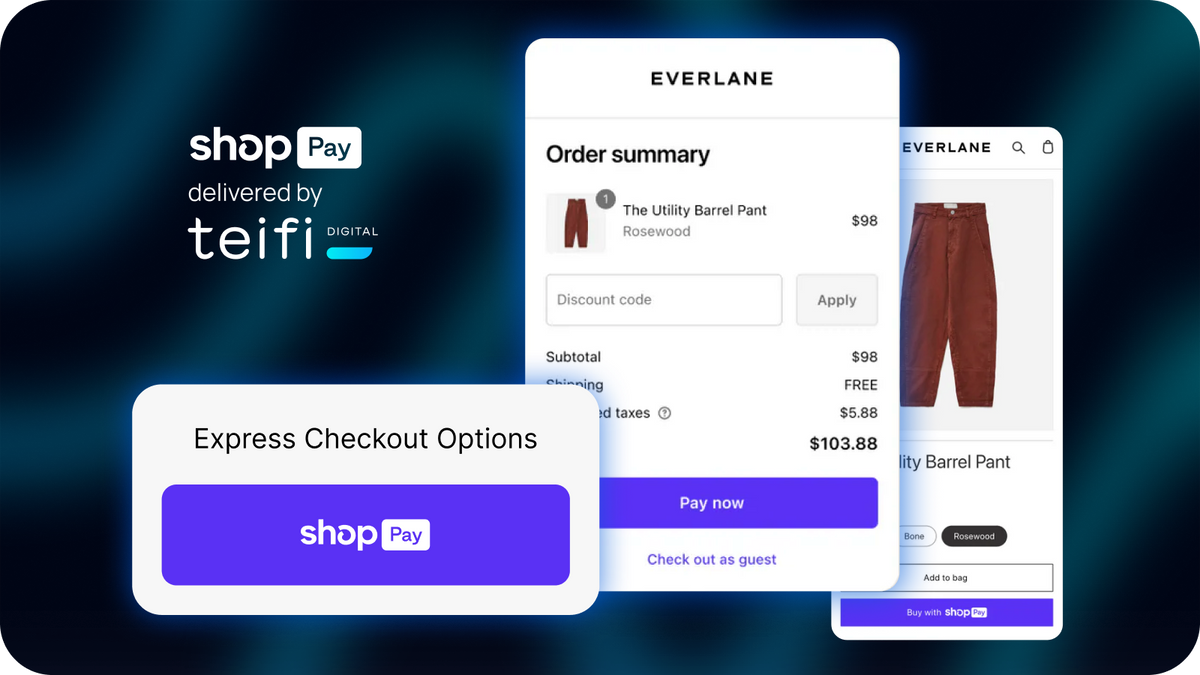 Shop Pay delivered by Teifi, shown as an express checkout option alongside a merchant's order summary and product page
