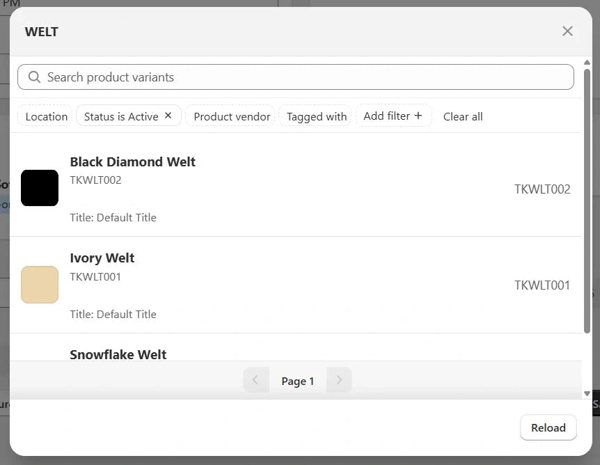 A component picker listing welt options drawn from the store catalog, each with its own price