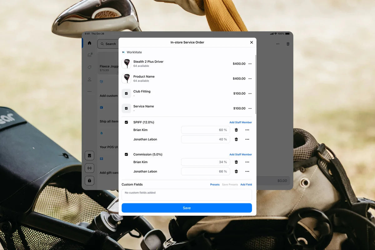 An order screen open on a tablet, with configured product and service line items priced on a single order