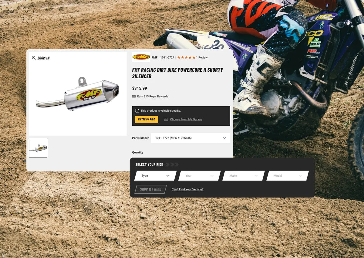 A Royal Distributing product page with the Select Your Ride fitment selector and My Garage