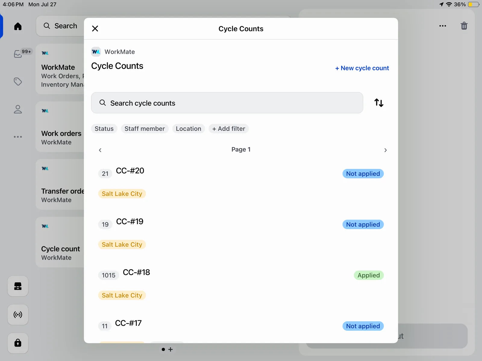 WorkMate cycle counts in Shopify POS listing counts by location with applied and not applied states