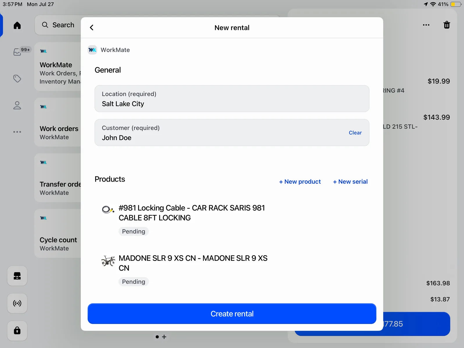 WorkMate new rental form in Shopify POS with location, customer and two rental products pending
