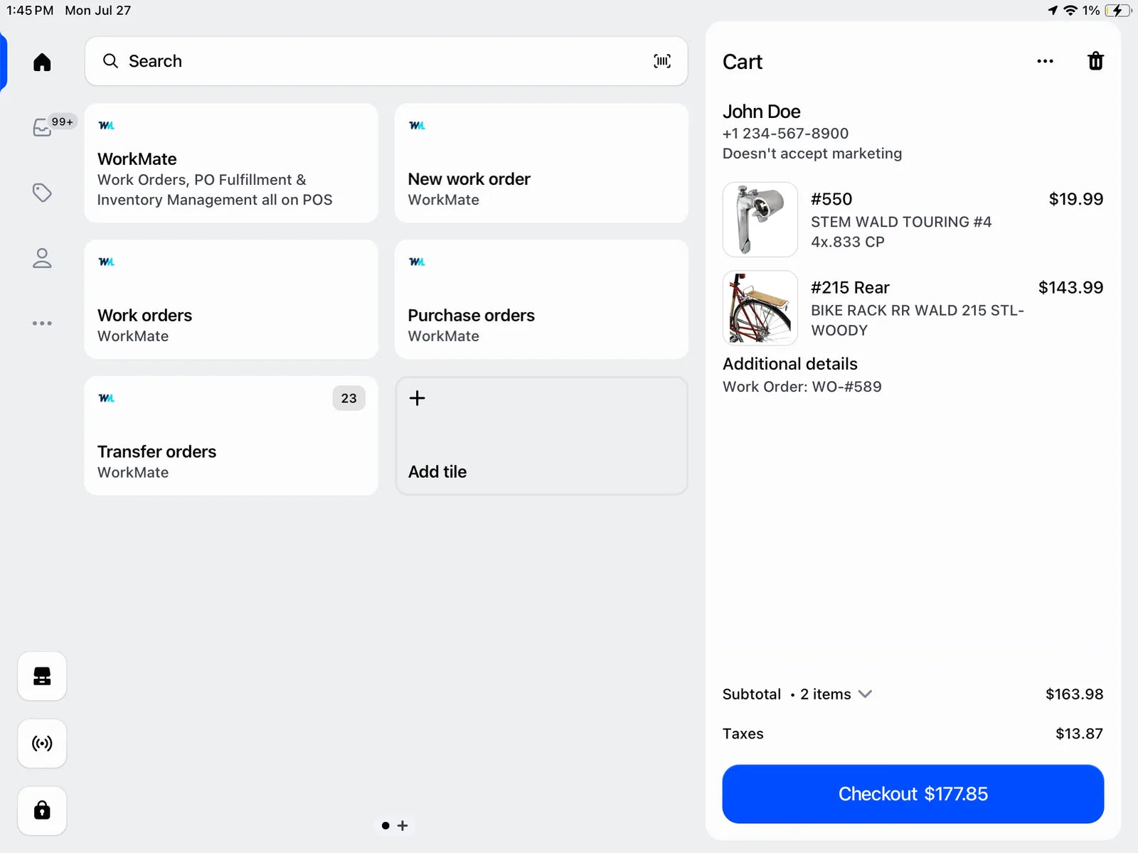 Shopify POS home screen with WorkMate tiles for work orders, purchase orders and transfer orders, beside a cart carrying work order WO-#589