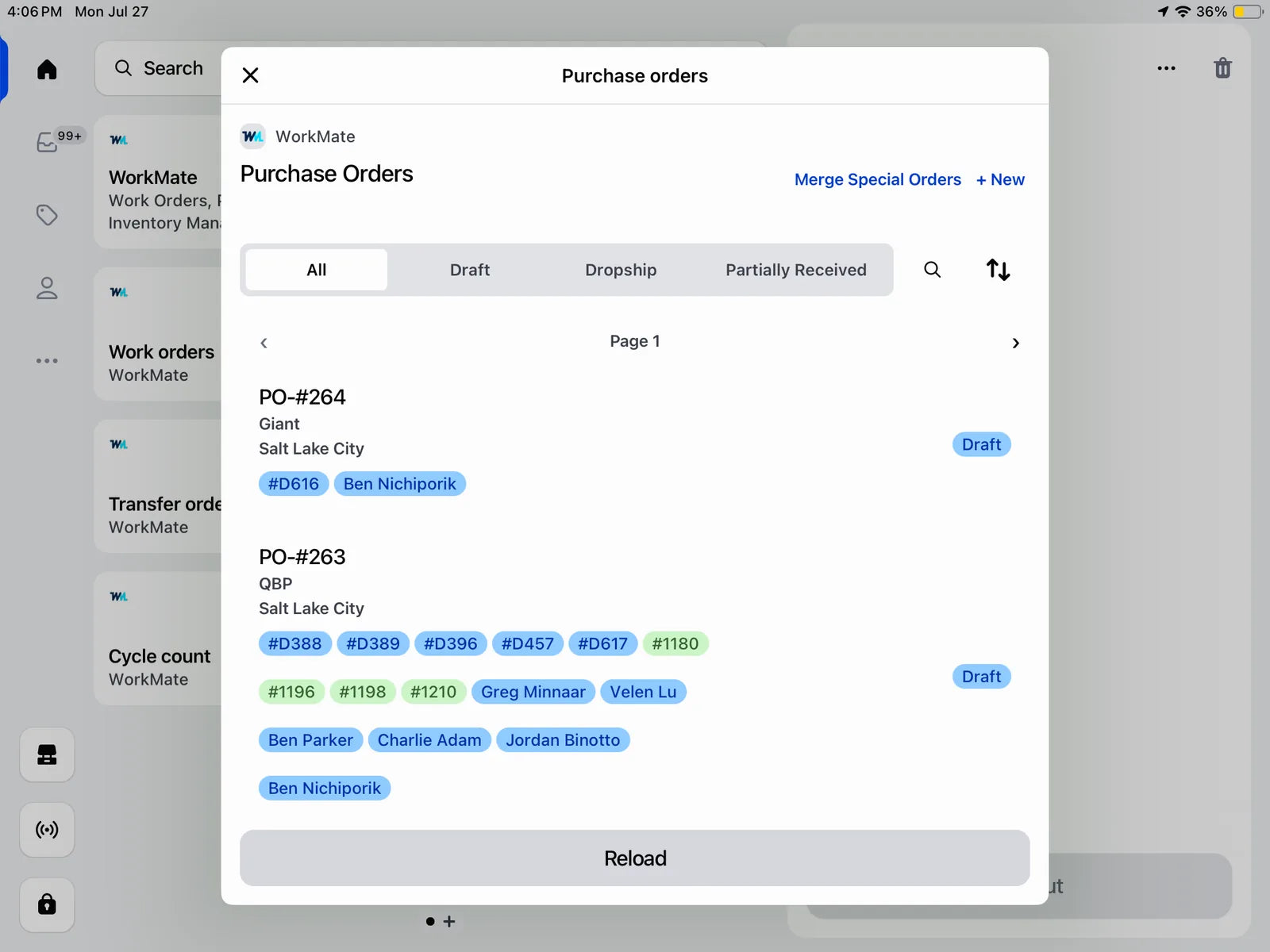 WorkMate purchase orders in Shopify POS showing draft orders to two suppliers with linked work orders and assigned staff