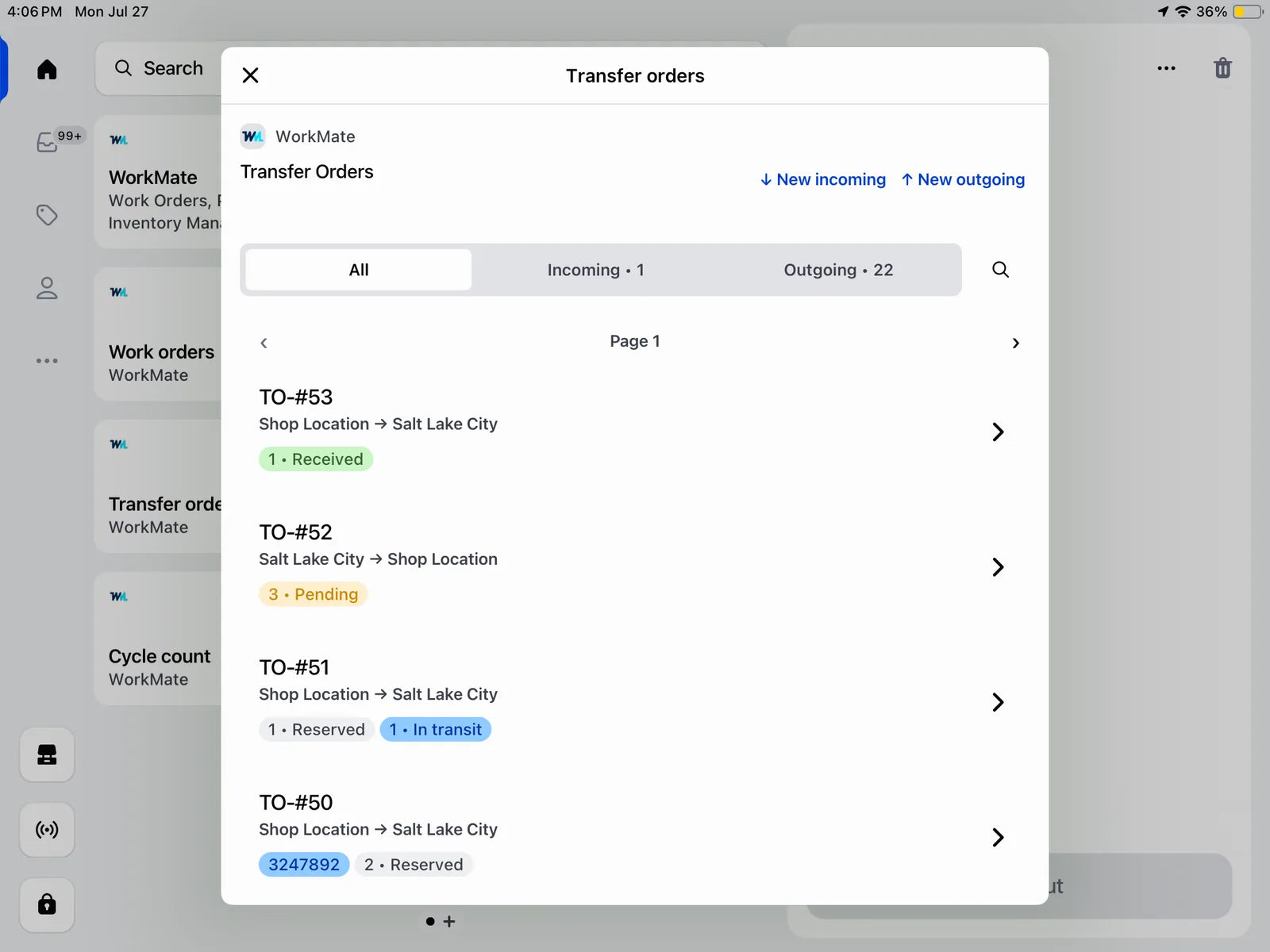 WorkMate transfer orders in Shopify POS showing incoming and outgoing transfers between locations with received, pending and in transit states