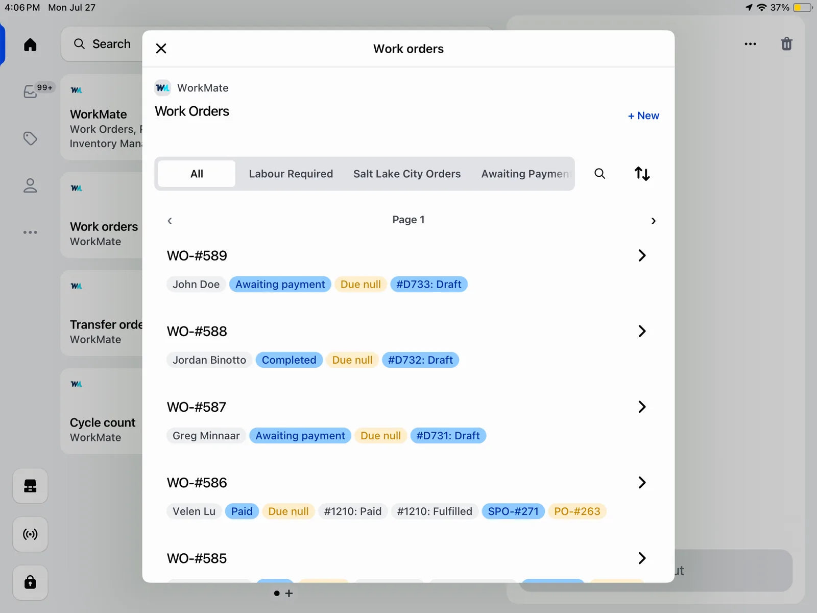 WorkMate work orders list in Shopify POS showing WO-#589 awaiting payment and WO-#588 completed, with filters for labour required and location